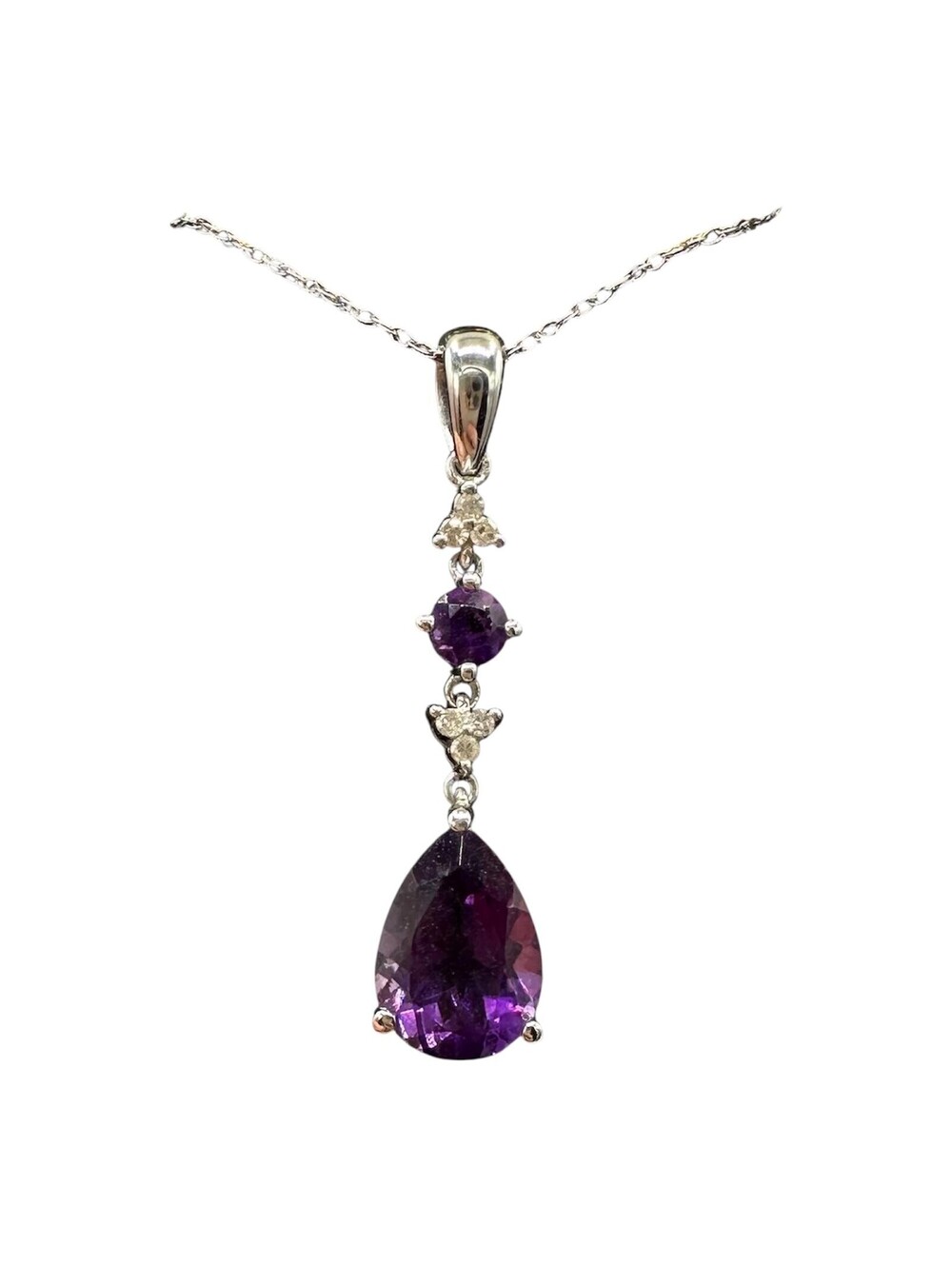 Amethyst Diamond Necklace 10K White Gold Pear Cut 10x7mm New